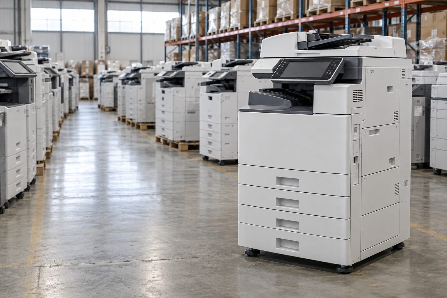 Illustrative view of used photocopiers in a warehouse